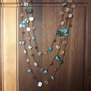 Vintage Abalone and Shells Necklace 3 Strand Thread Macrame Rope Chain